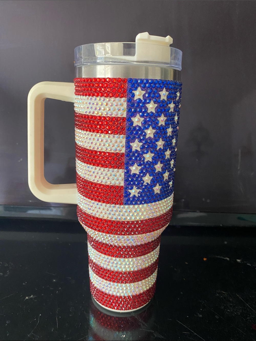 Bling American Flag 40oz Tumbler with Handle ✨ Patriotic Rhinestone Mug NWOT